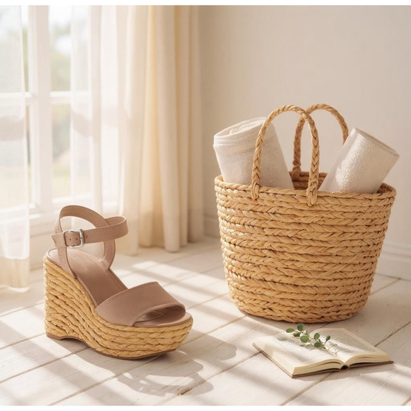 Marc Fisher Women Braided Raffia Chunky Platform Sandals 9.5 M Tan Beige - Picture 16 of 16